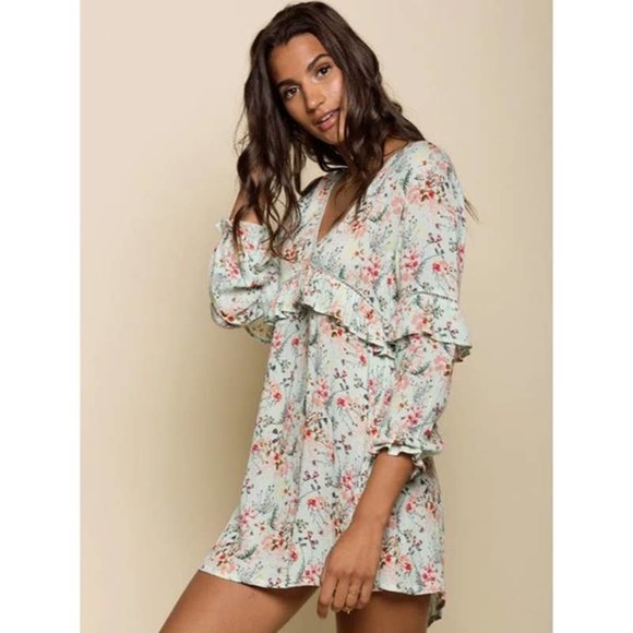 Raga Mini Dress Medium Green Pink Floral Print Secret Escape Long Sleeve - Picture 2 of 12